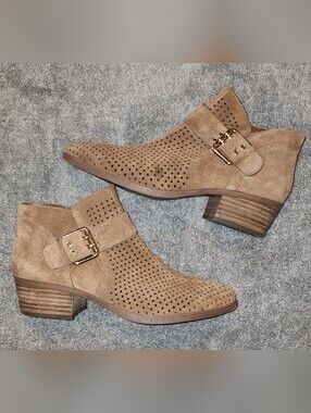 Karl Lagerfeld Paris Peek-a-boo Suede Ankle Boots Tan Gold Buckle Size 10